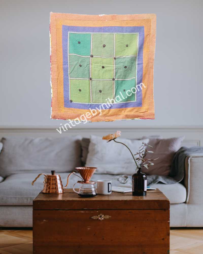 Green Checkered Vintage Kabiri Kantha Table Cloth or Bag 